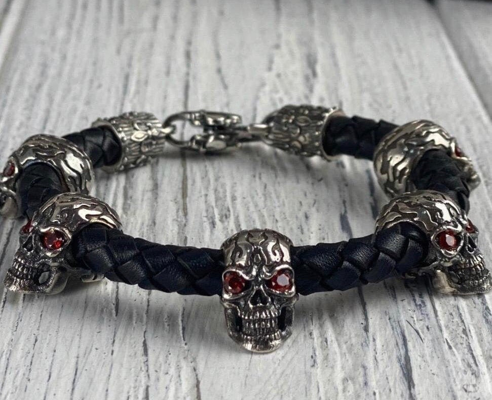 Silver skulls bracelet With red gems Black leather bracelet with skulls  Leather bracelet with silver skulls