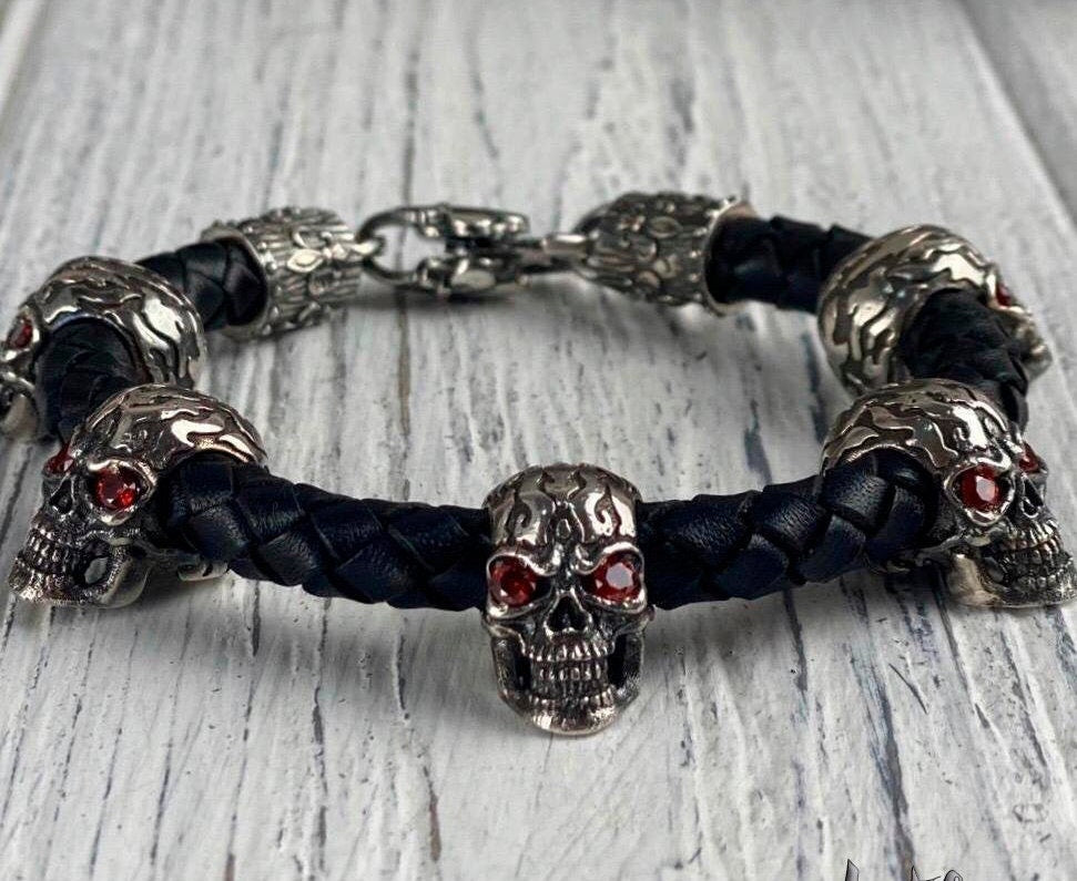 Silver skulls bracelet With red gems Black leather bracelet with skulls  Leather bracelet with silver skulls