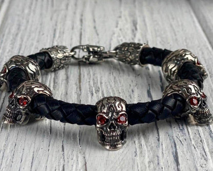 Silver skulls bracelet With red gems Black leather bracelet with skulls  Leather bracelet with silver skulls