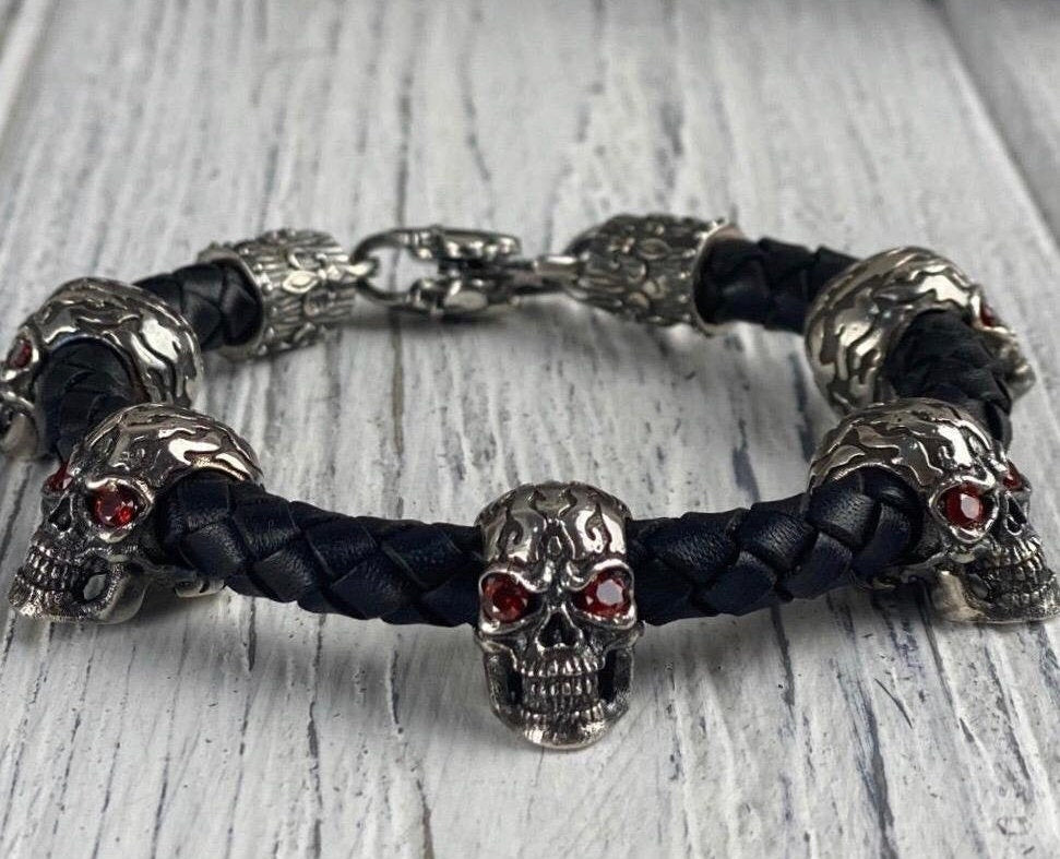 Silver skulls bracelet With red gems Black leather bracelet with skulls  Leather bracelet with silver skulls