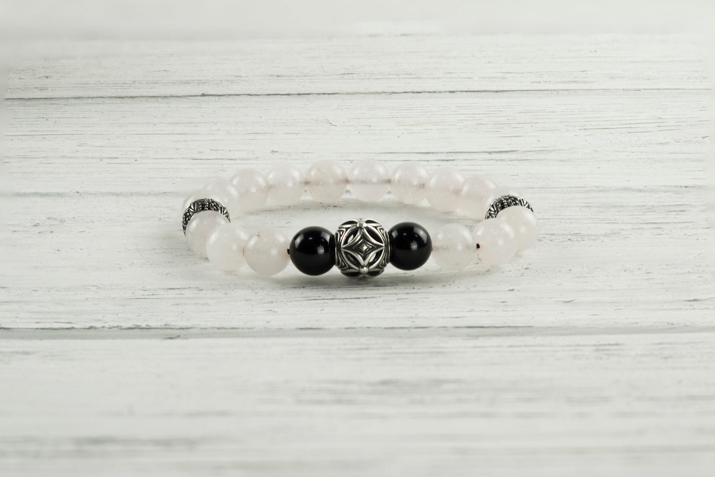 Gemstones bracelet Rose quartz with silver beads