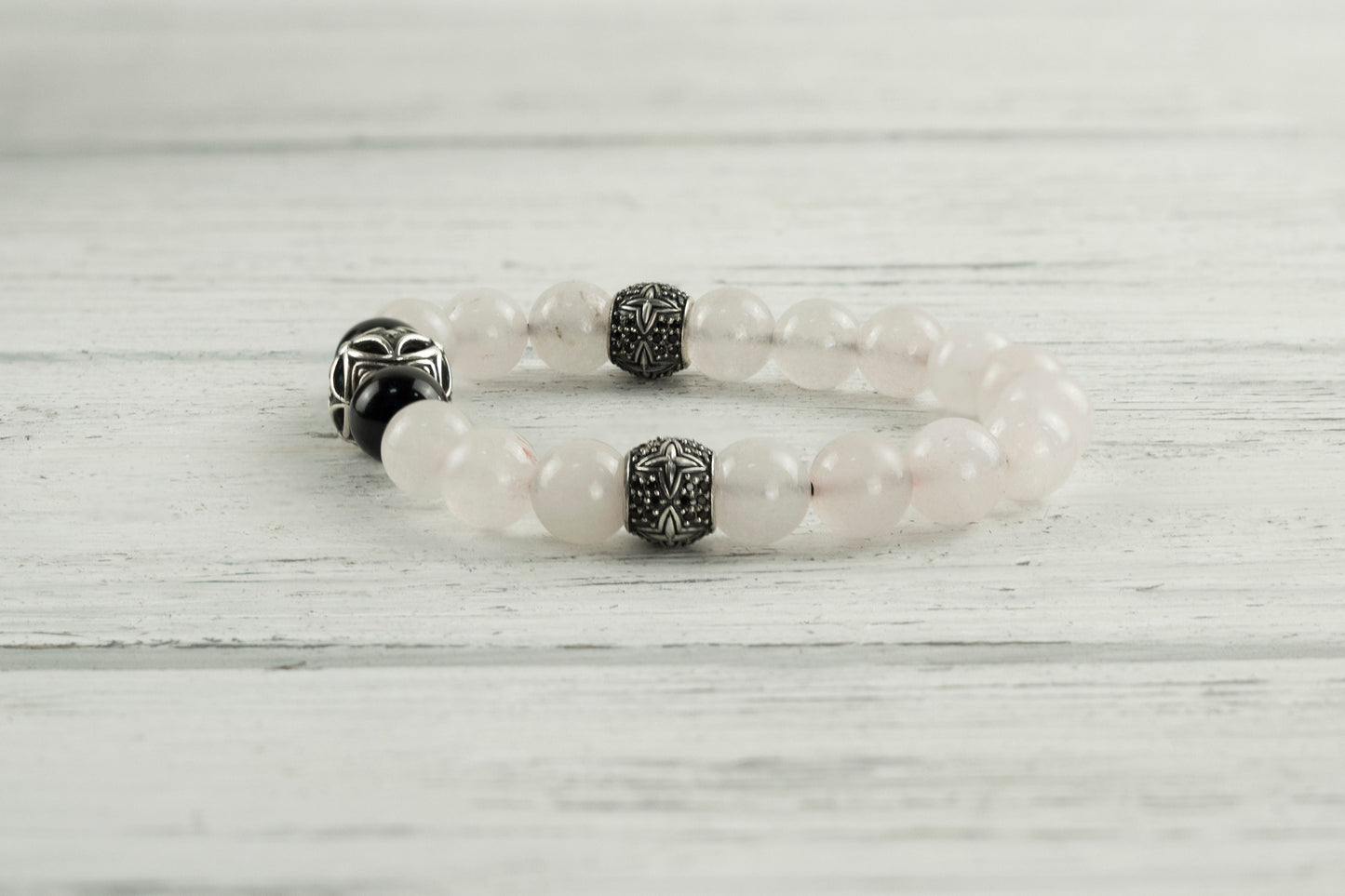 Gemstones bracelet Rose quartz with silver beads