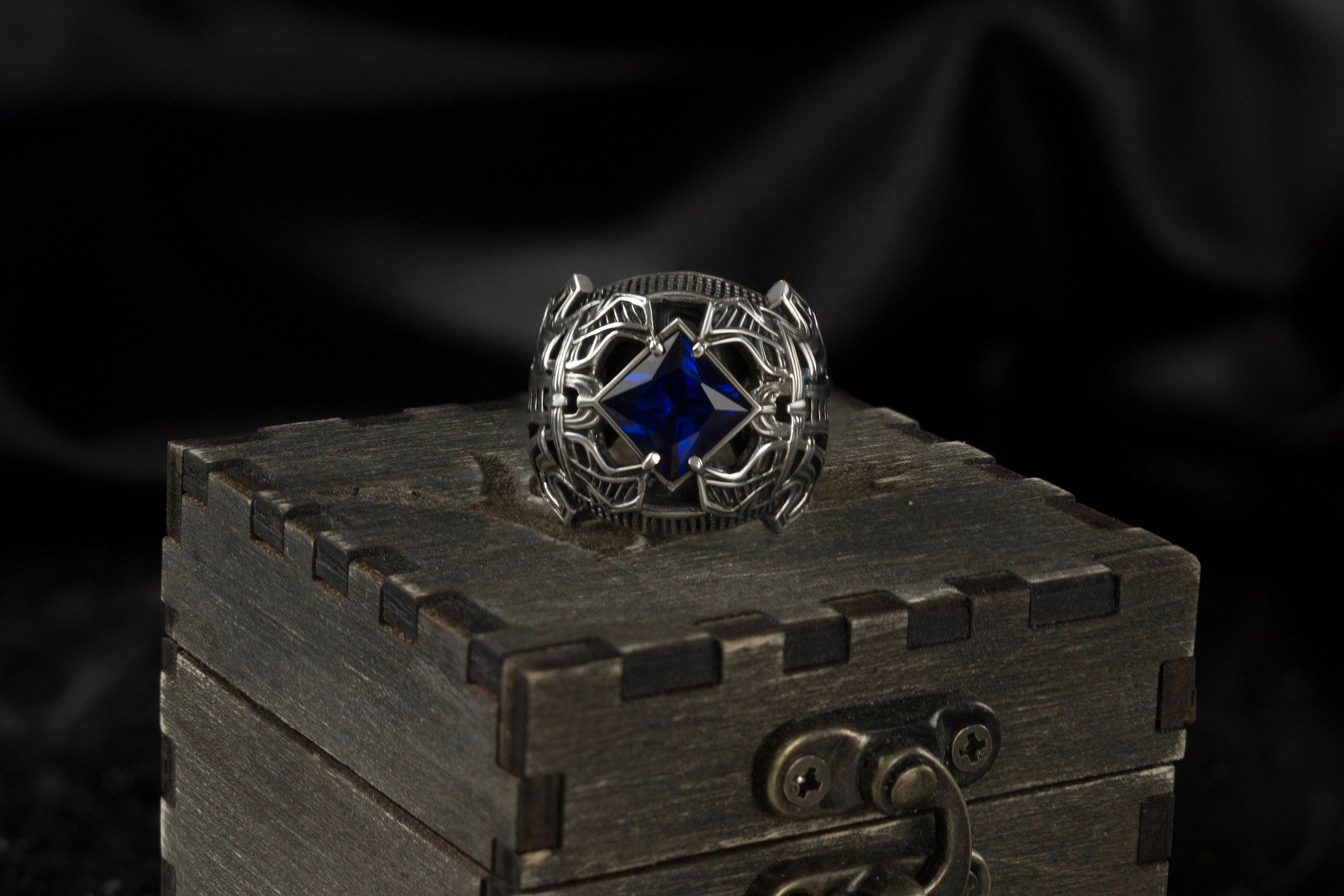 Sapphire brutal men ring  Sterling silver Heavy jewelry Biker ring Men's Medieval