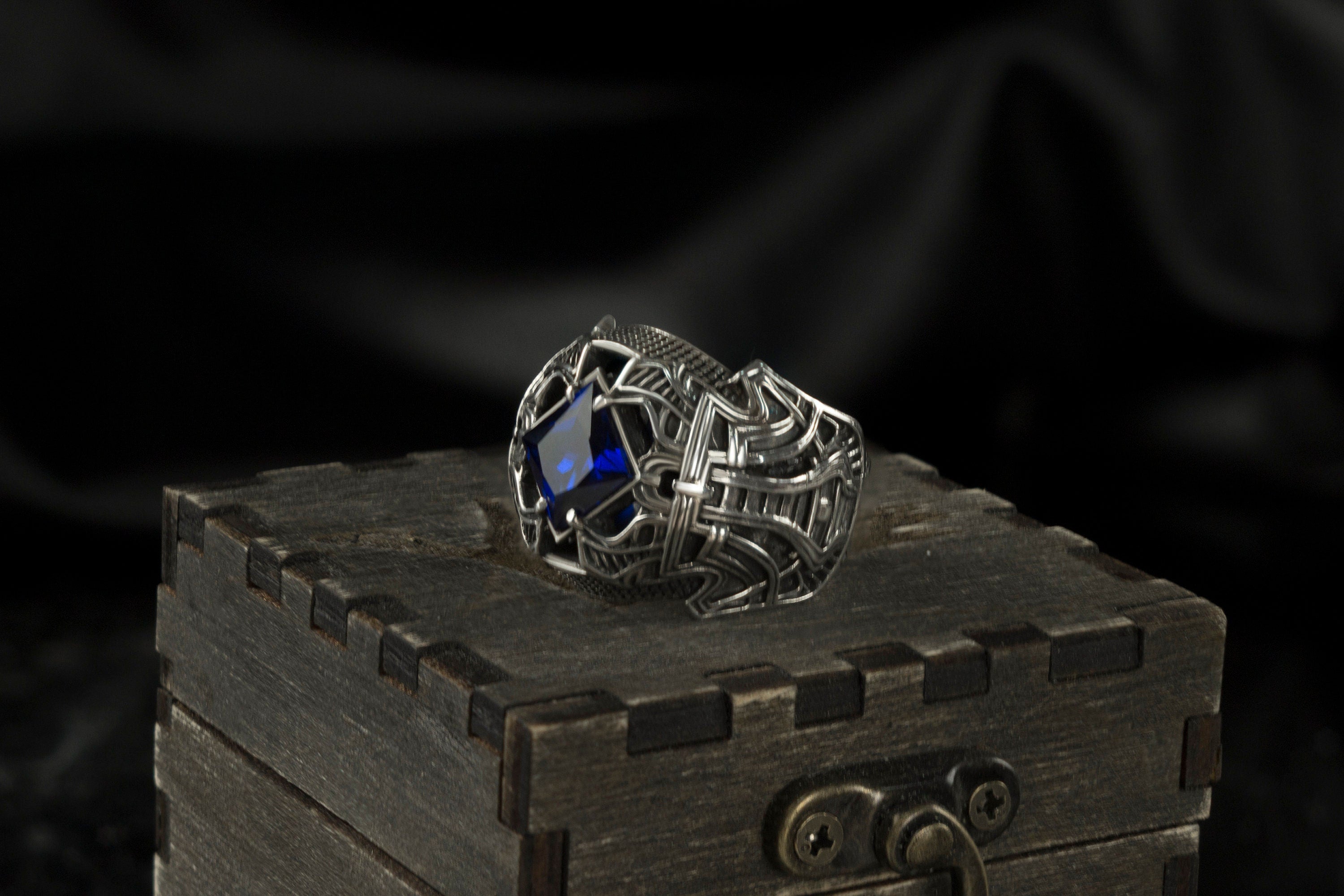 Sapphire brutal men ring  Sterling silver Heavy jewelry Biker ring Men's Medieval