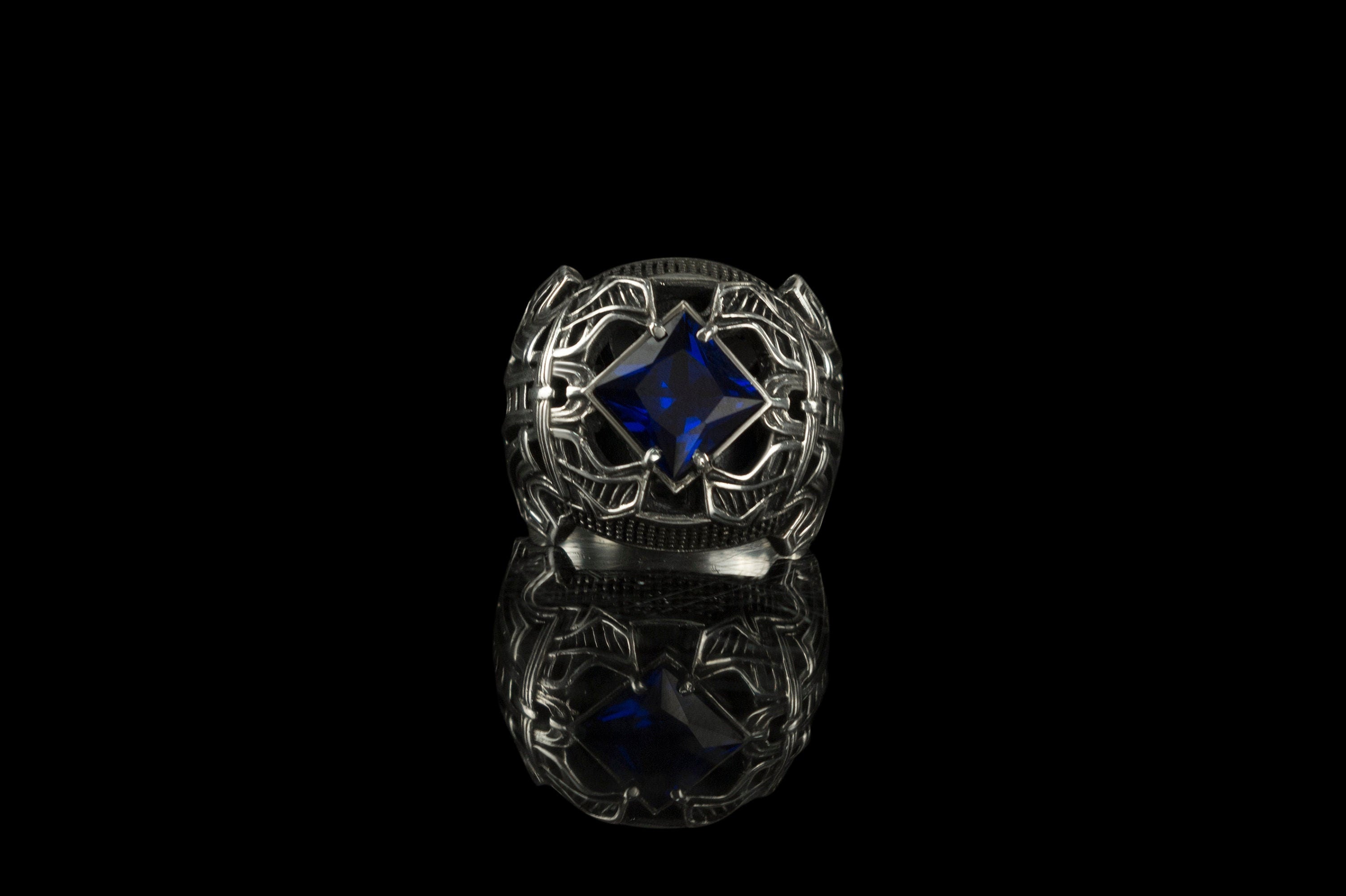 Sapphire brutal men ring  Sterling silver Heavy jewelry Biker ring Men's Medieval