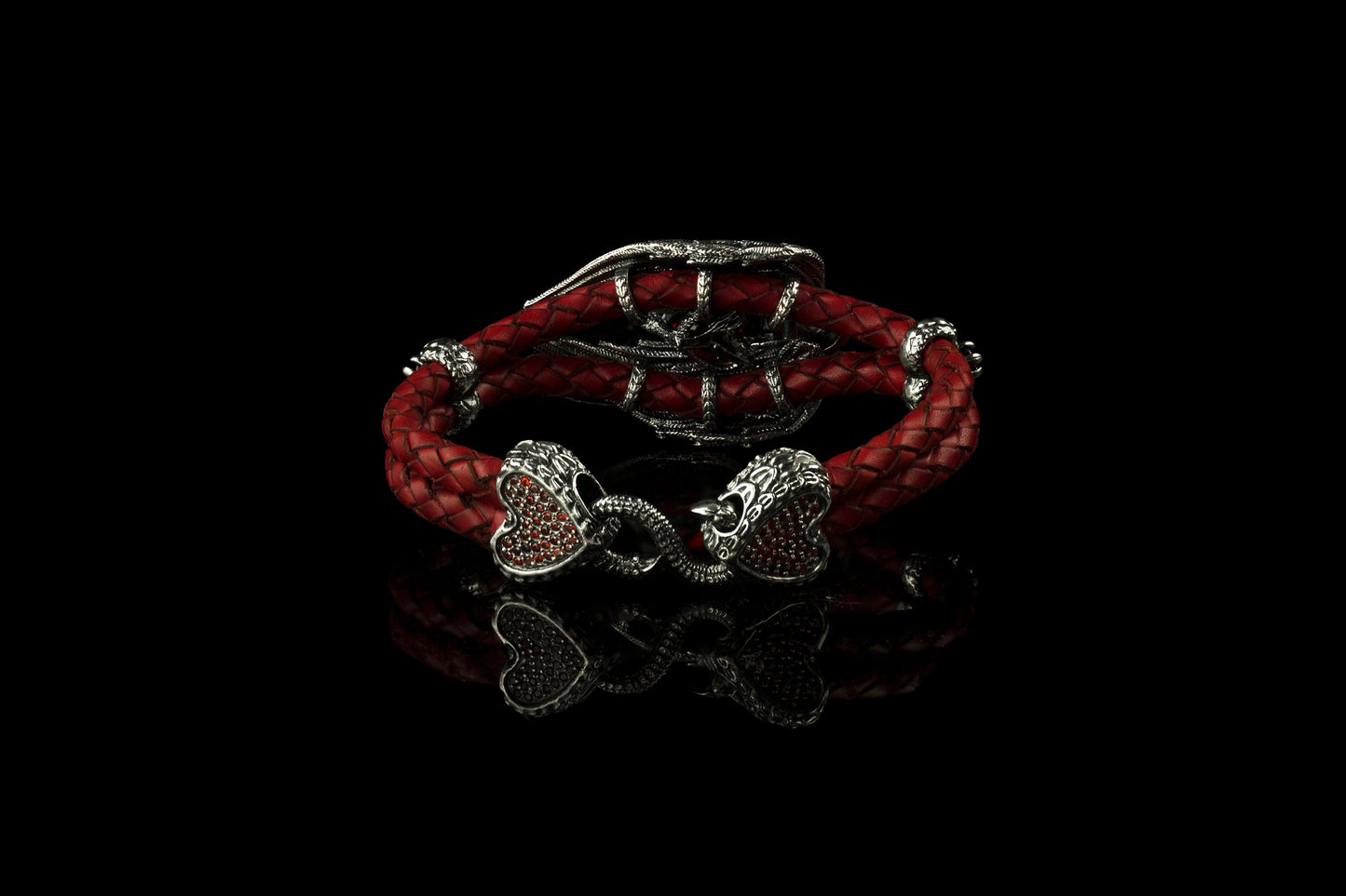 Skull women's bracelet Silver skull bracelet with red leather Skull with wings