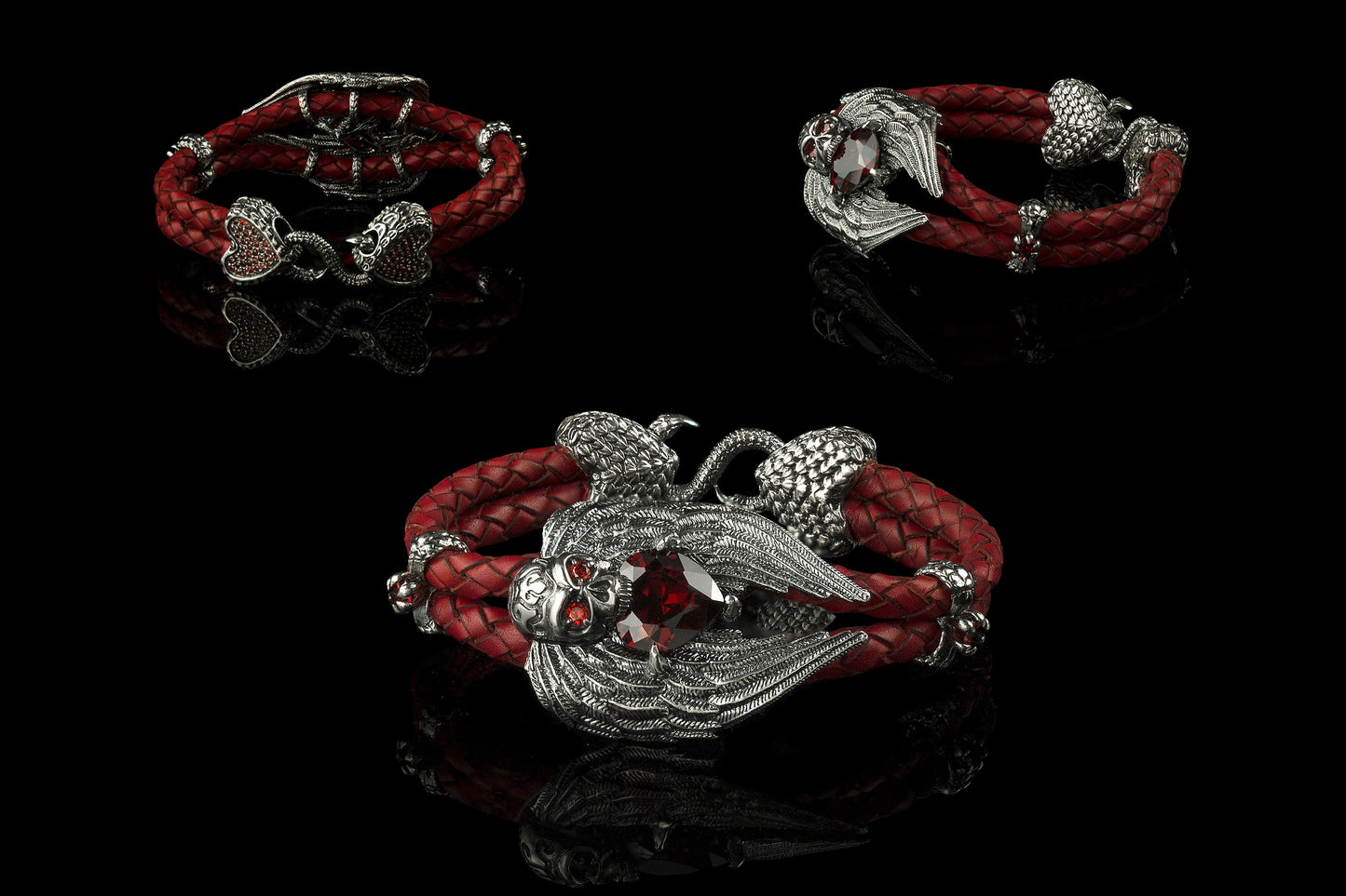Skull women's bracelet Silver skull bracelet with red leather Skull with wings