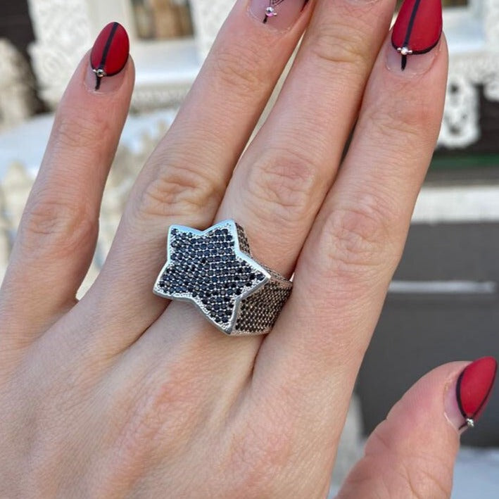 Black star ring Silver star ring Black gemstones ring Asterism ring