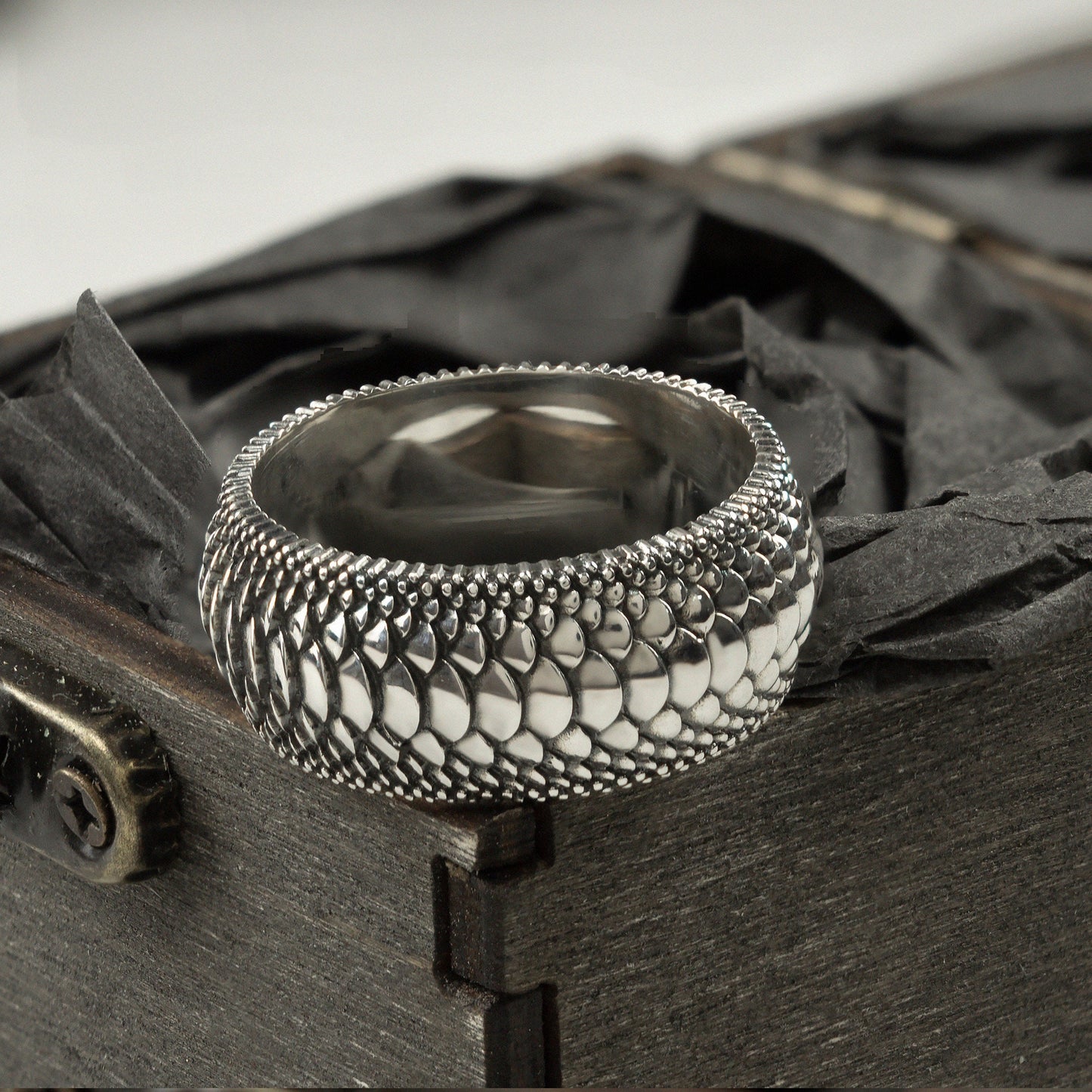 Silver Snake Scale Ring  Wide  silver ring Textured ring Dragon scale ring