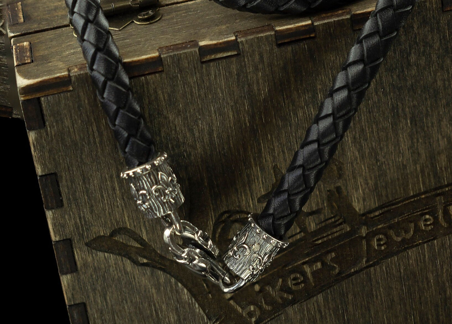 Handmade Leather Necklace  Fleur de Lis  Black 925 Sterling Silver