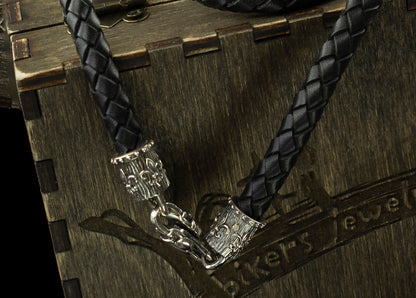 Handmade Leather Necklace  Fleur de Lis  Black 925 Sterling Silver