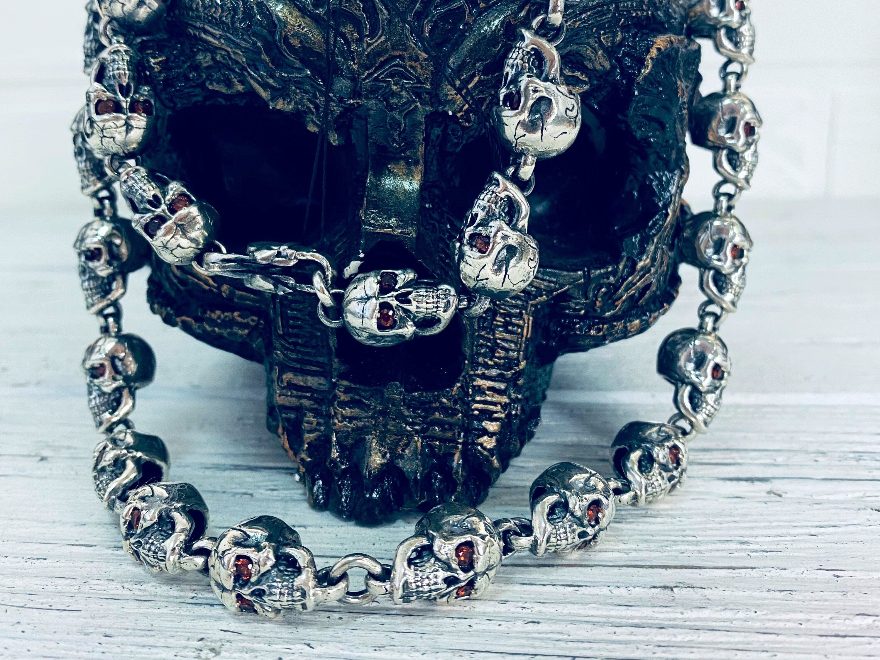 Brutalist skull silver necklace Skull jewelry Biker silver chain