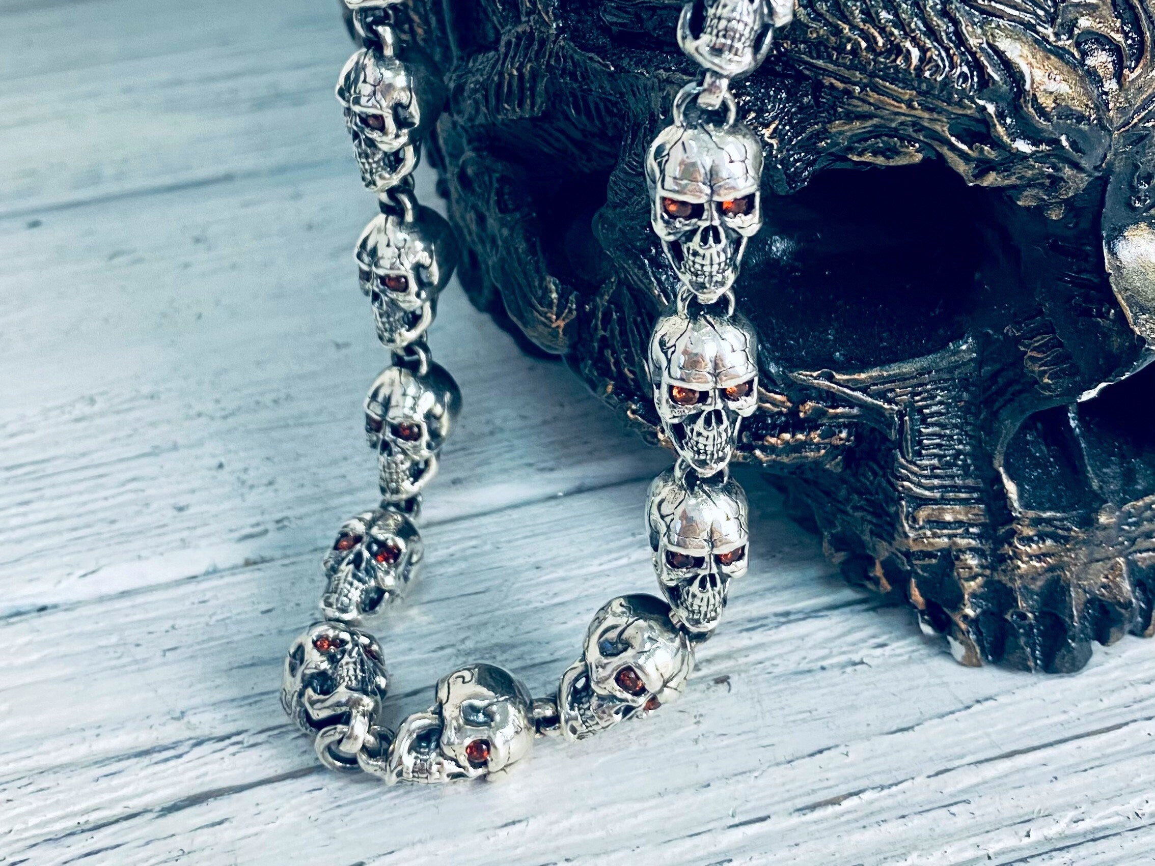 Brutalist skull silver necklace Skull jewelry Biker silver chain