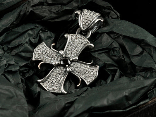Brutalist women's pendant Medieval cross Sterling silver pendant with diamonds gemstones