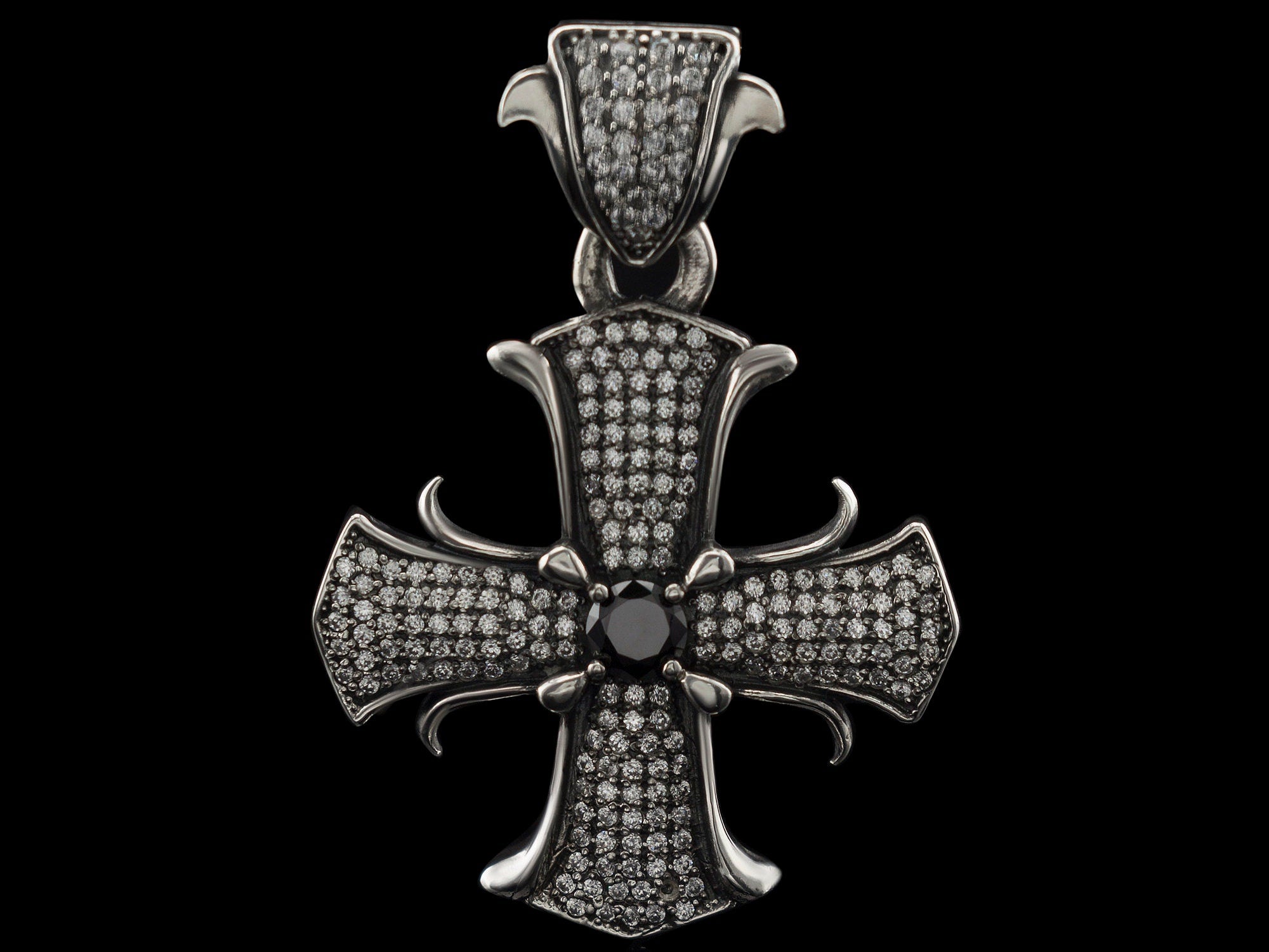 Brutalist women's pendant Medieval cross Sterling silver pendant with diamonds gemstones