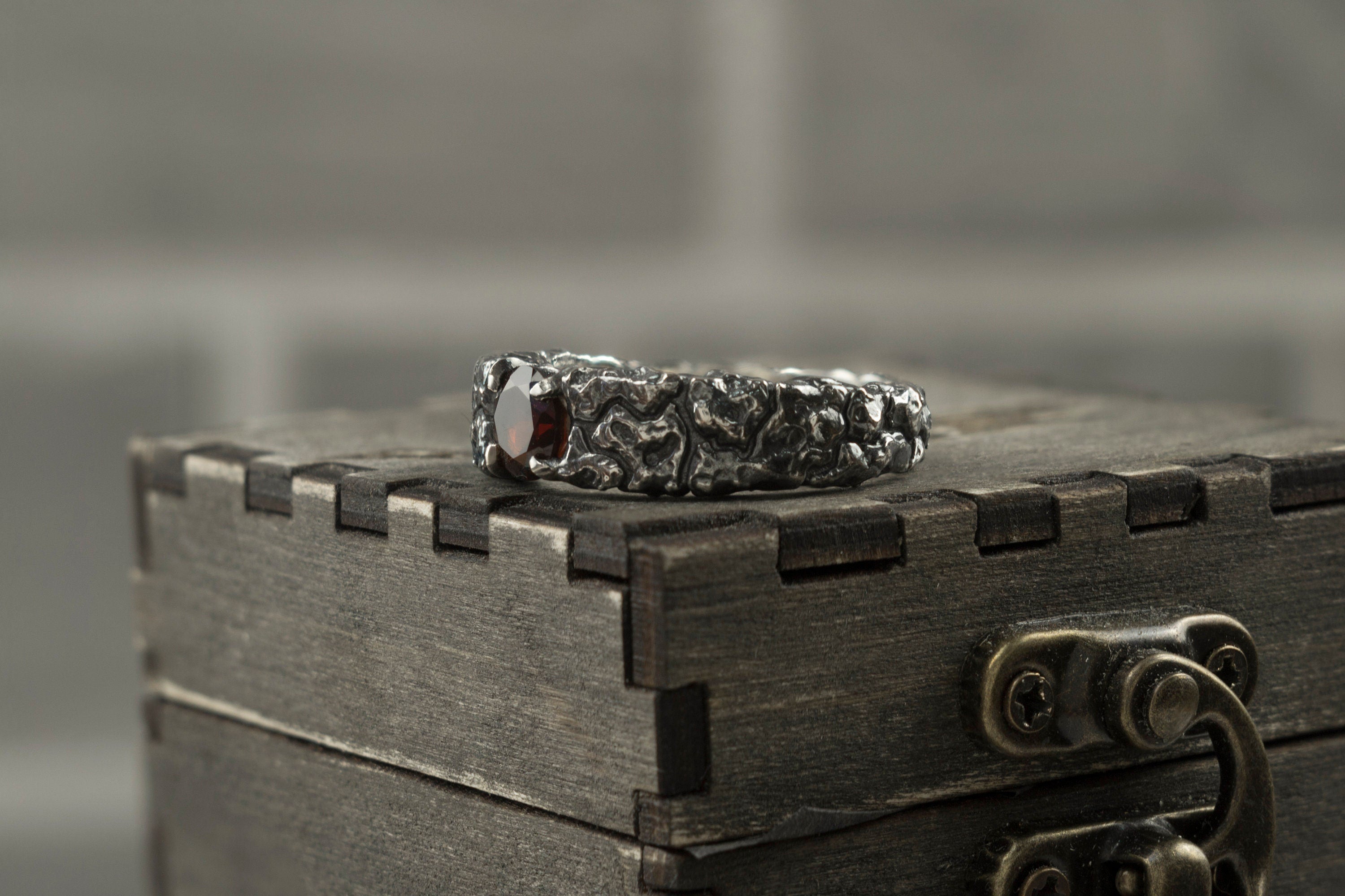 Men's ring with natural garnet Textured silver ring  with garnet MONS IGNEUS Mountain Range