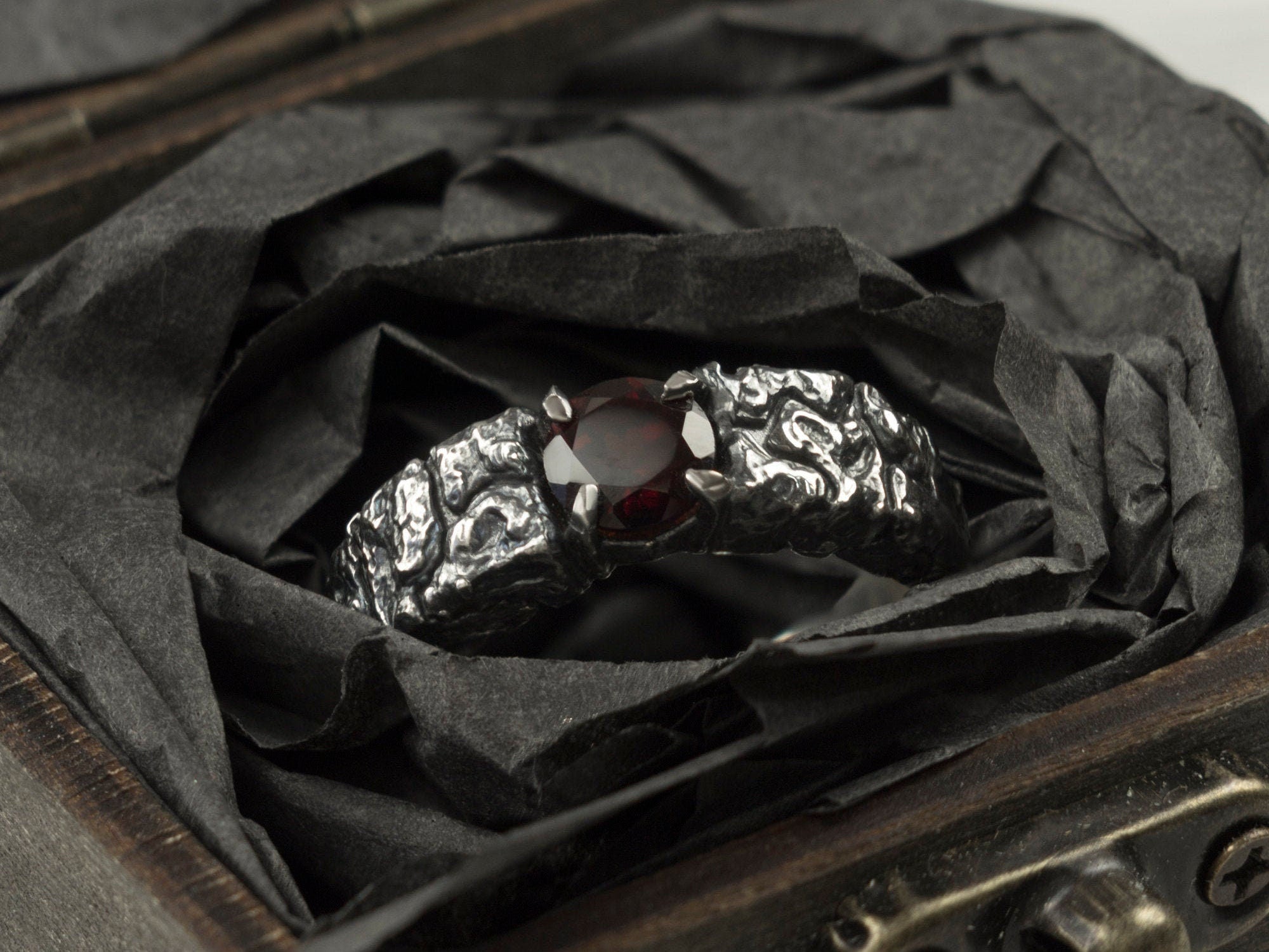 Men's ring with natural garnet Textured silver ring  with garnet MONS IGNEUS Mountain Range