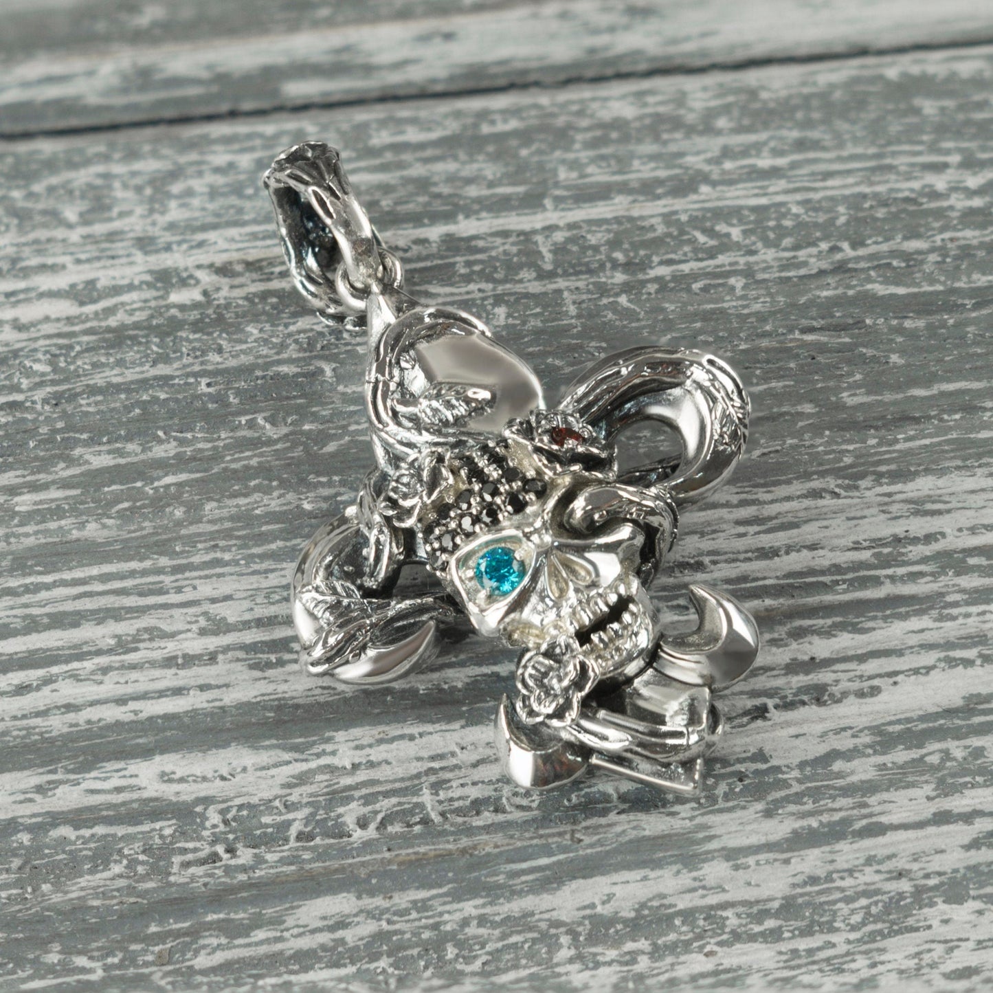Fleur de Lis Skull pendant Gemstones silver pendant French lily jewelry with skull