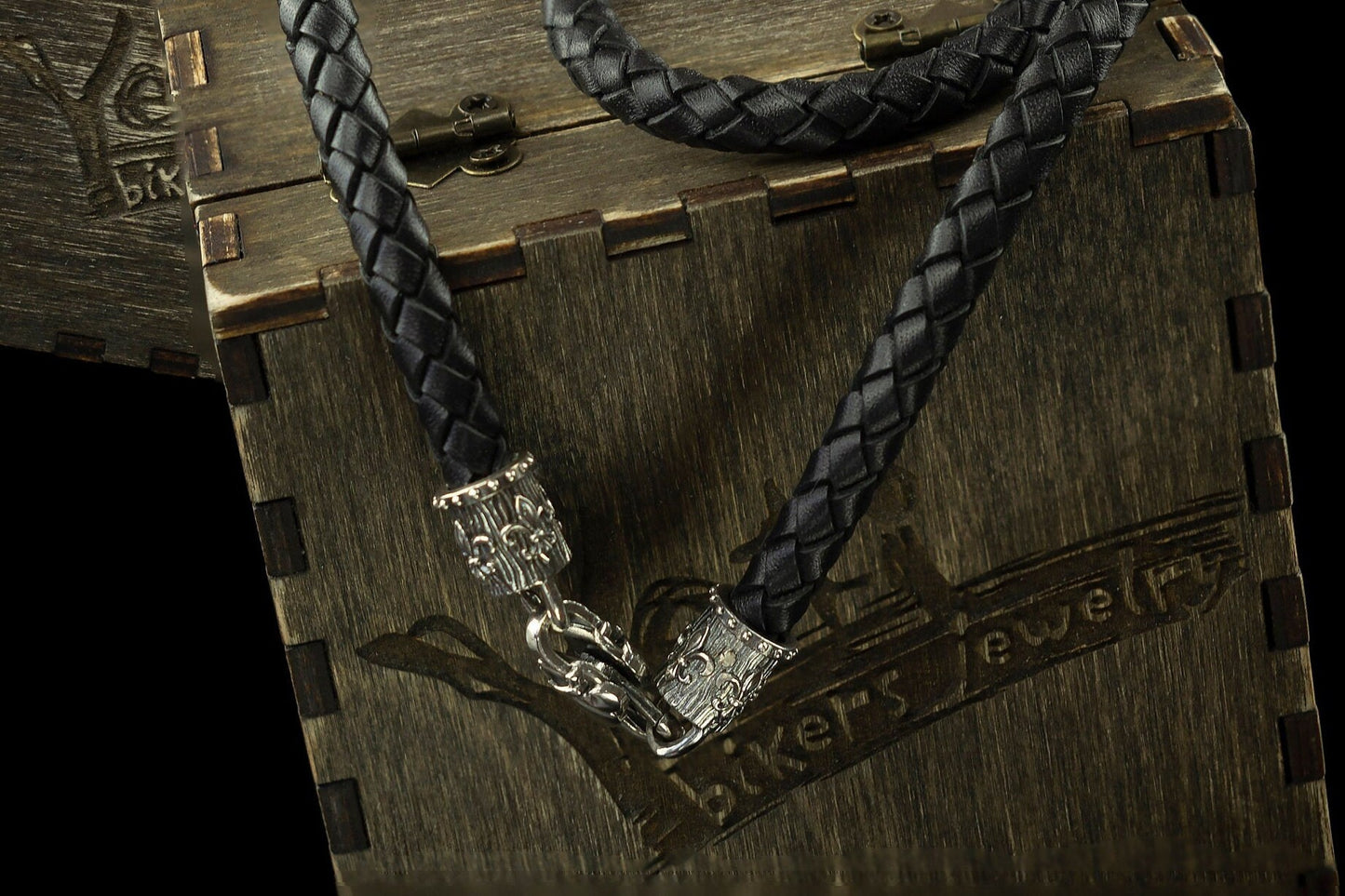 Handmade Leather Necklace  Fleur de Lis  Black 925 Sterling Silver