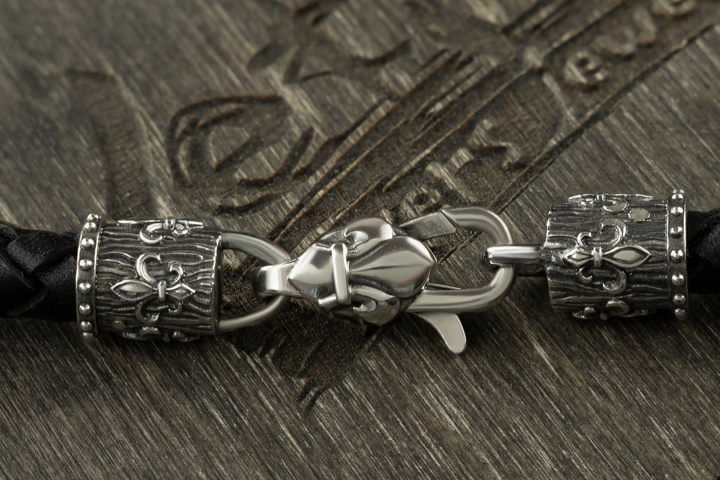 Handmade Leather Necklace  Fleur de Lis  Black 925 Sterling Silver