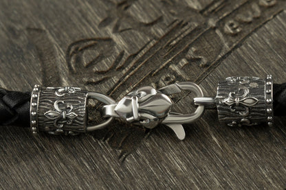 Handmade Leather Necklace  Fleur de Lis  Black 925 Sterling Silver