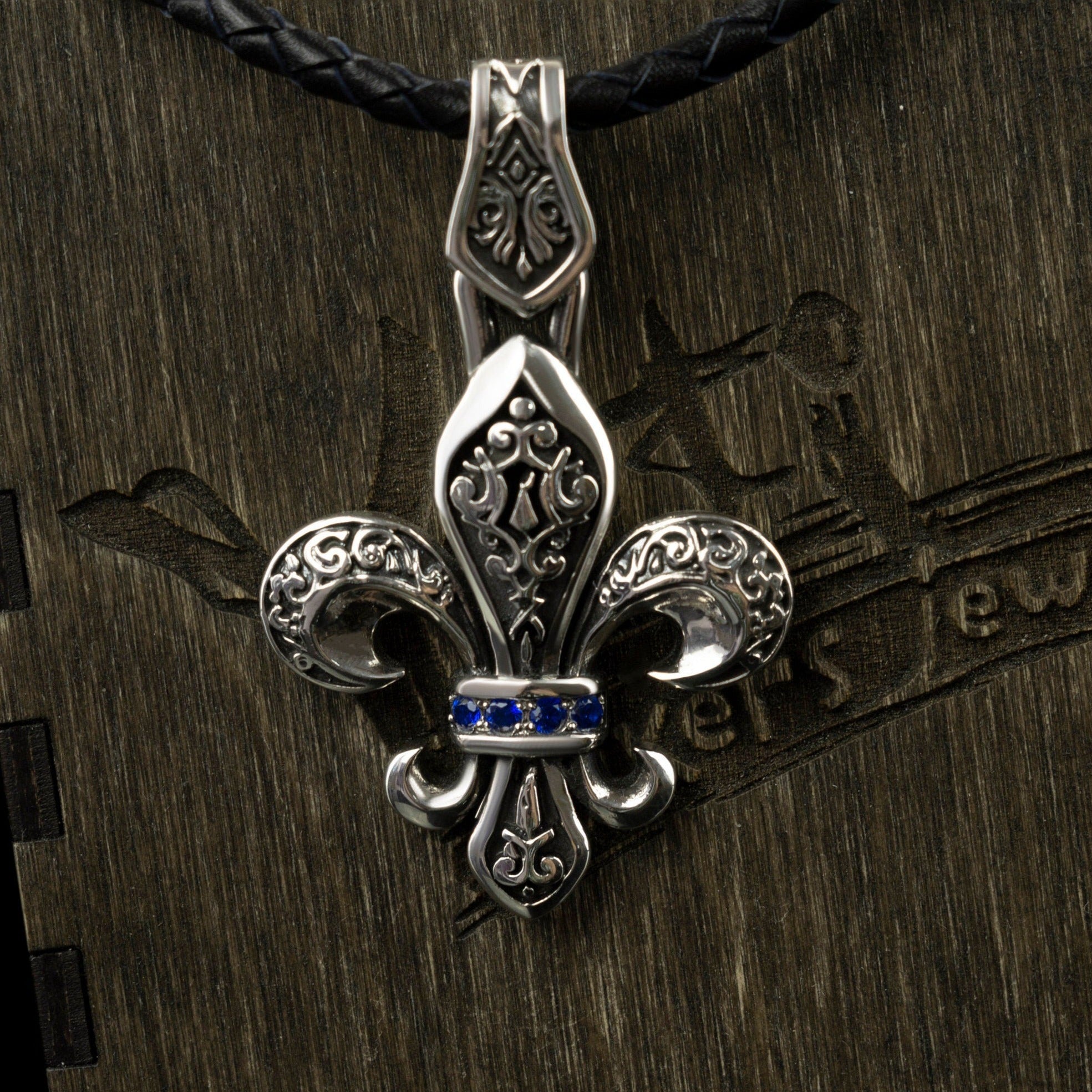 Fleur de lis pendant French lily  jewelry with sapphire gems Brutalist silver pendant