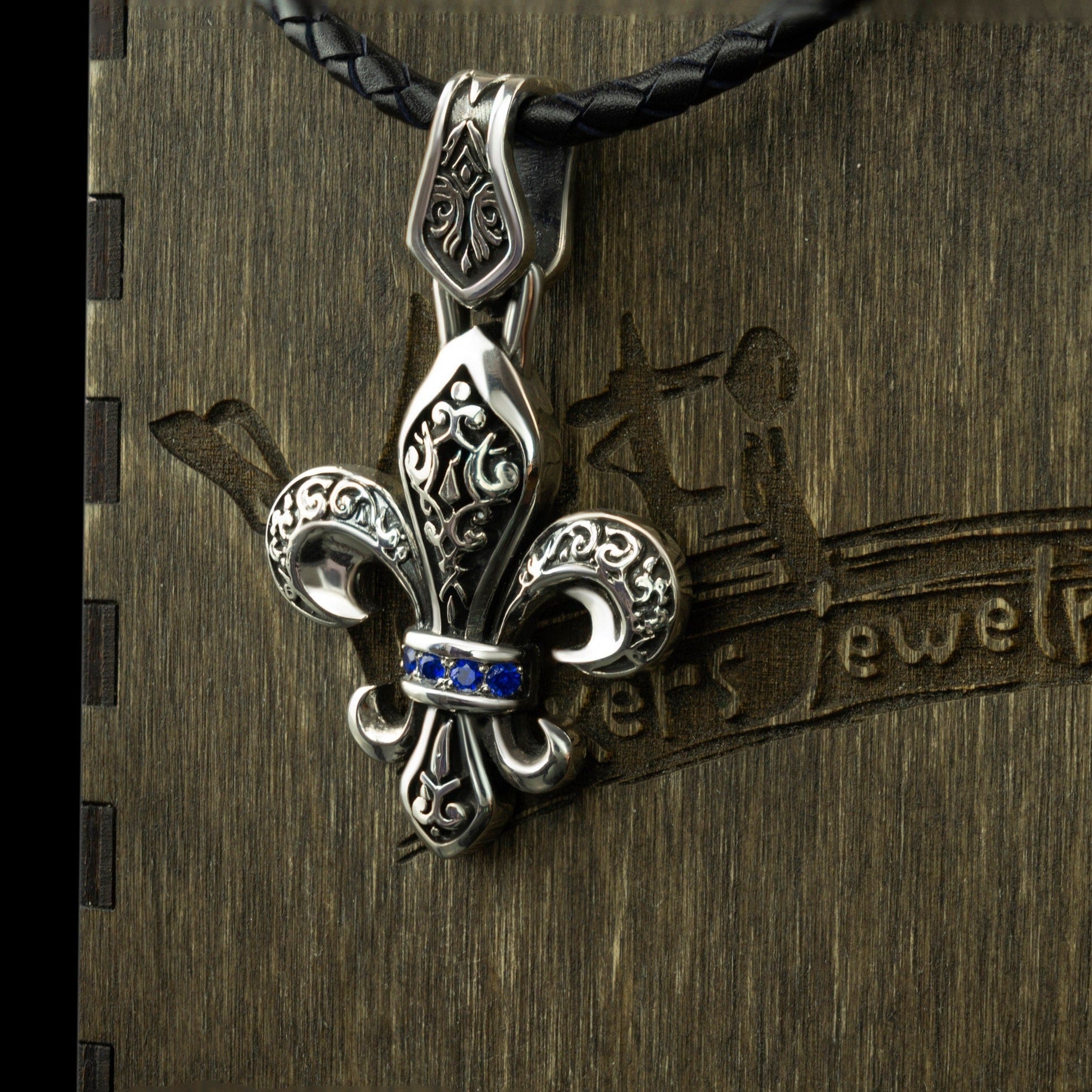 Fleur de lis pendant French lily  jewelry with sapphire gems Brutalist silver pendant