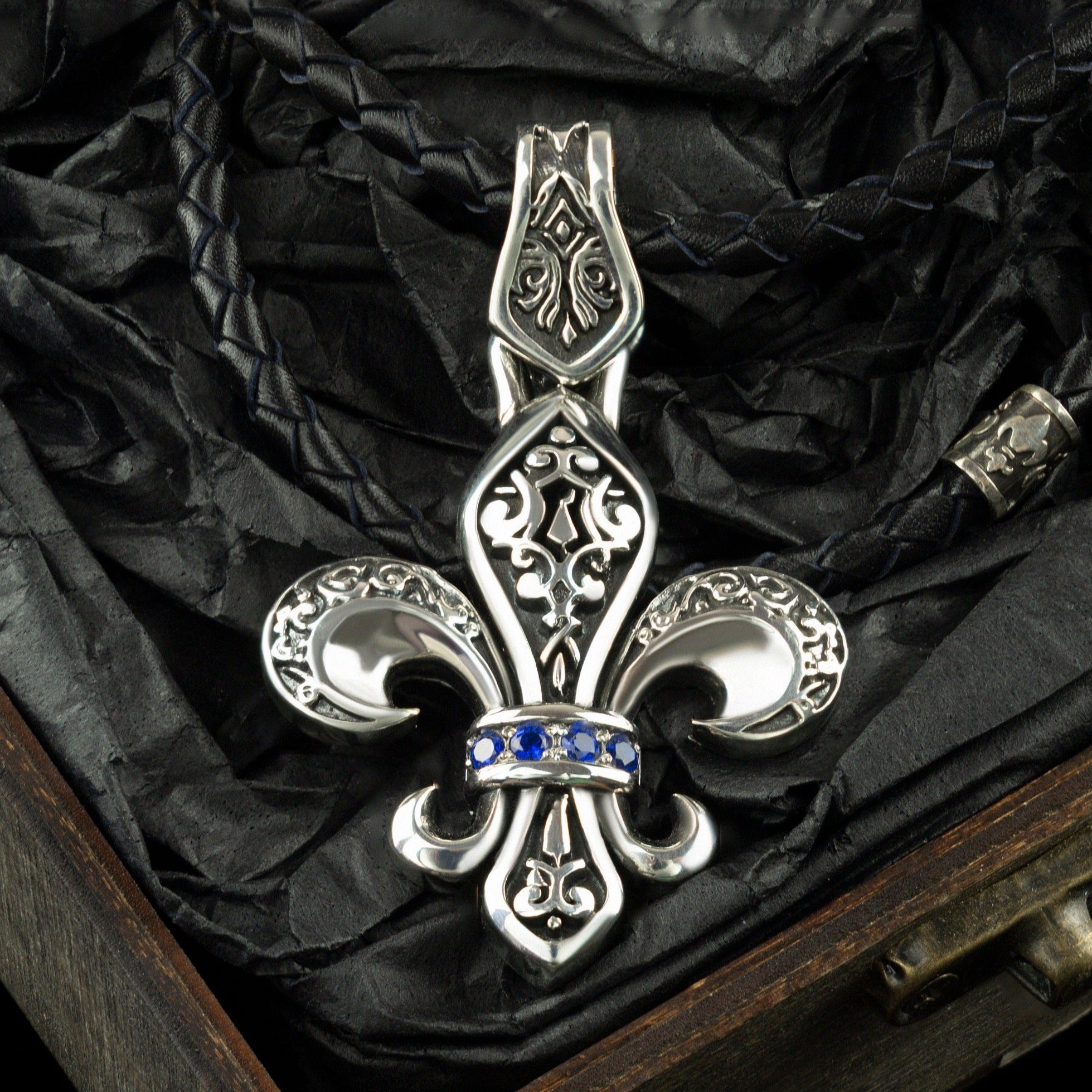 Fleur de lis pendant French lily  jewelry with sapphire gems Brutalist silver pendant