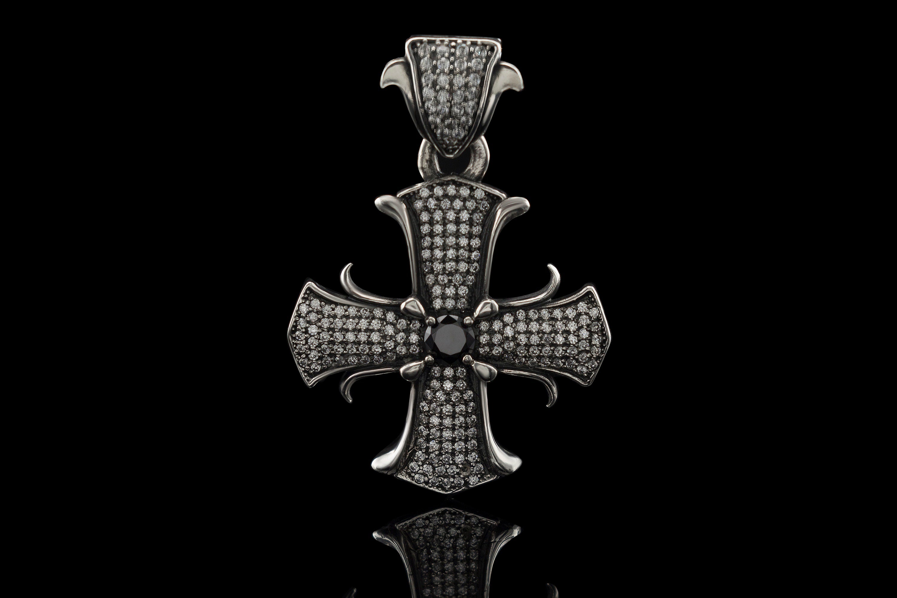 Brutalist women's pendant Medieval cross Sterling silver pendant with diamonds gemstones