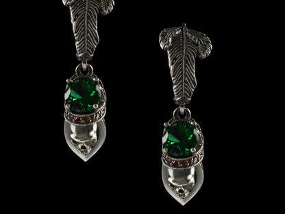 Silver skull earrings Skull gift for her Sapphire and black gems