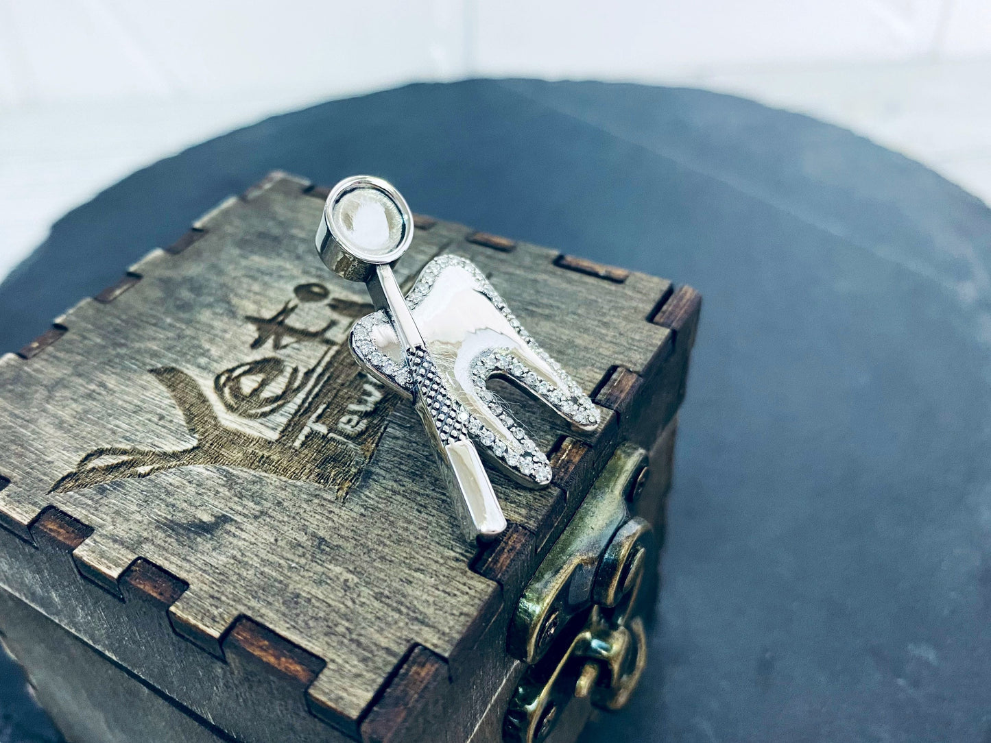 Sterling silver brooch tooth with dental mirror Gift for dentist