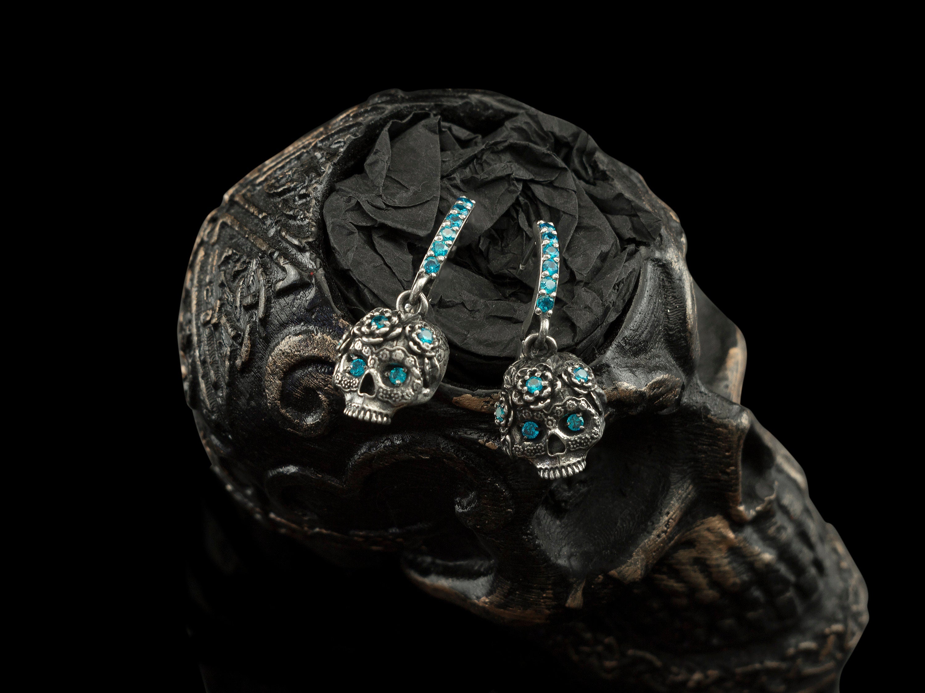 Women's skull earrings Sterling silver jewelry Blue gemstones skull