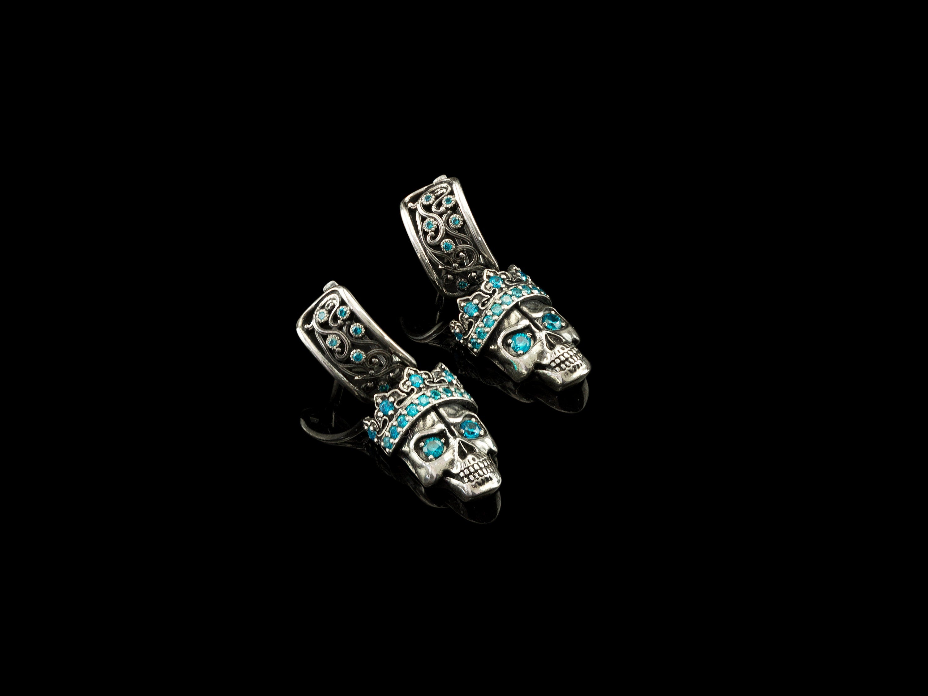 Silver skull earrings Women skull jewelry Santa Muerte earrings Blue gemstones