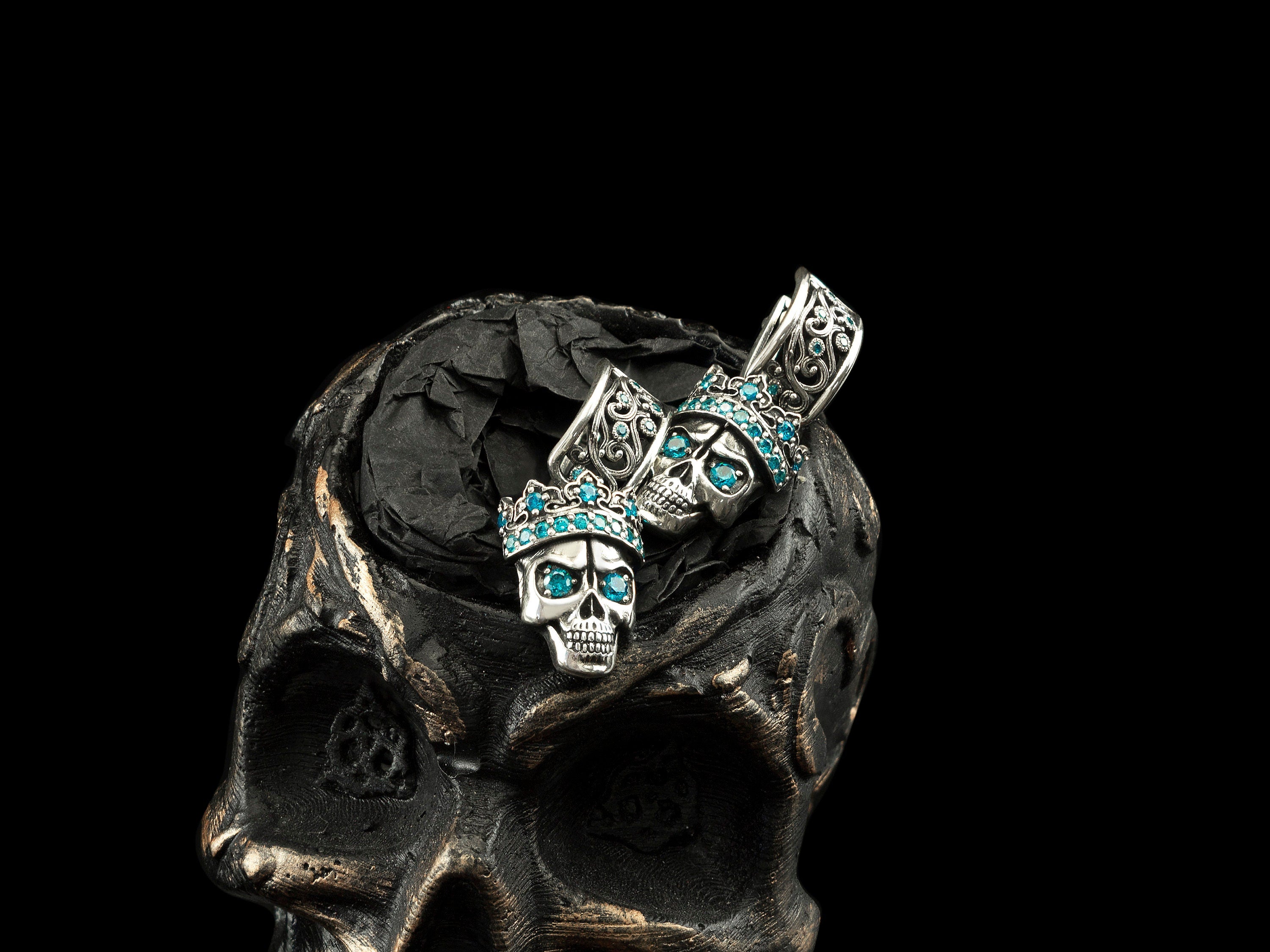 Silver skull earrings Women skull jewelry Santa Muerte earrings Blue gemstones