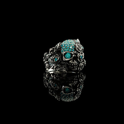 Blue women's skull ring Adjustable silver skull ring Blue gemstones Silver skull ring Skull with flowers