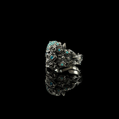 Blue women's skull ring Adjustable silver skull ring Blue gemstones Silver skull ring Skull with flowers