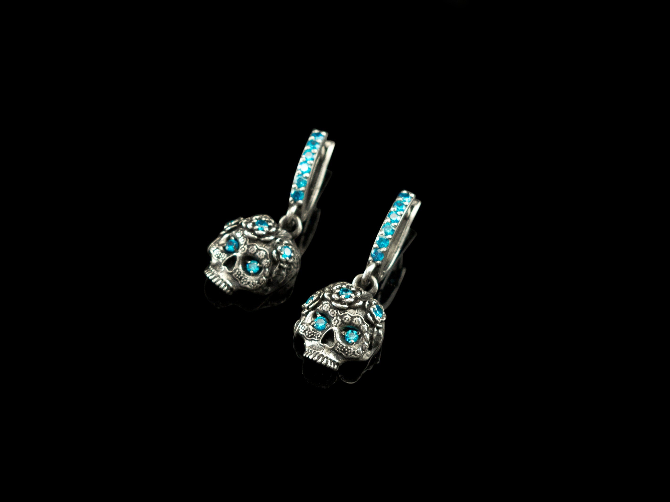 Women's skull earrings Sterling silver jewelry Blue gemstones skull