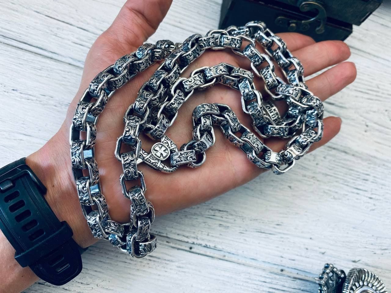 Heavy silver chain Darck Brutalist necklace Silver biker jewelry Floral ornament chain
