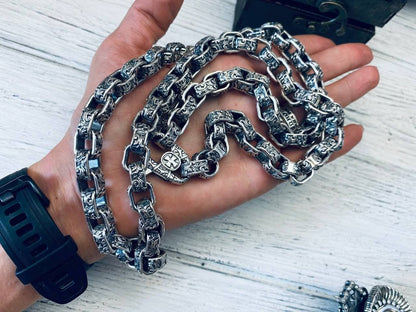 Heavy silver chain Darck Brutalist necklace Silver biker jewelry Floral ornament chain