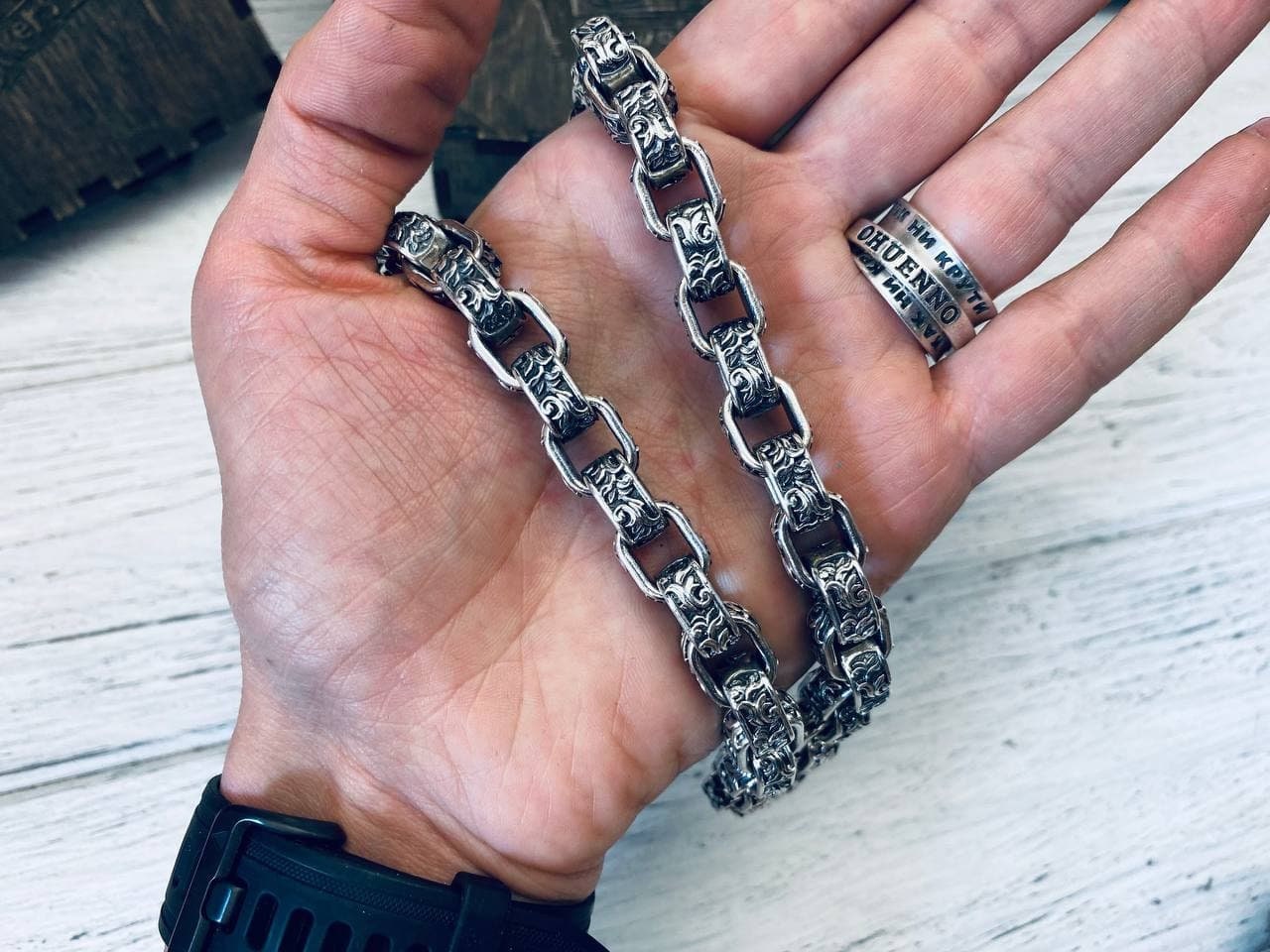 Heavy silver chain Darck Brutalist necklace Silver biker jewelry Floral ornament chain
