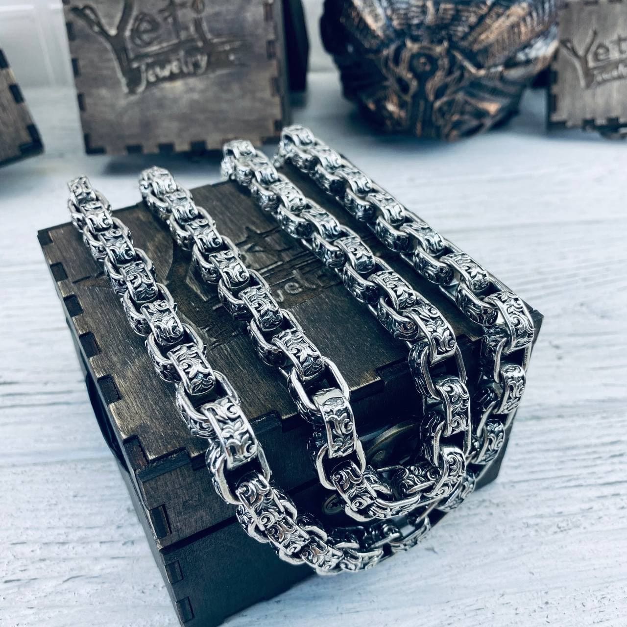 Heavy silver chain Darck Brutalist necklace Silver biker jewelry Floral ornament chain