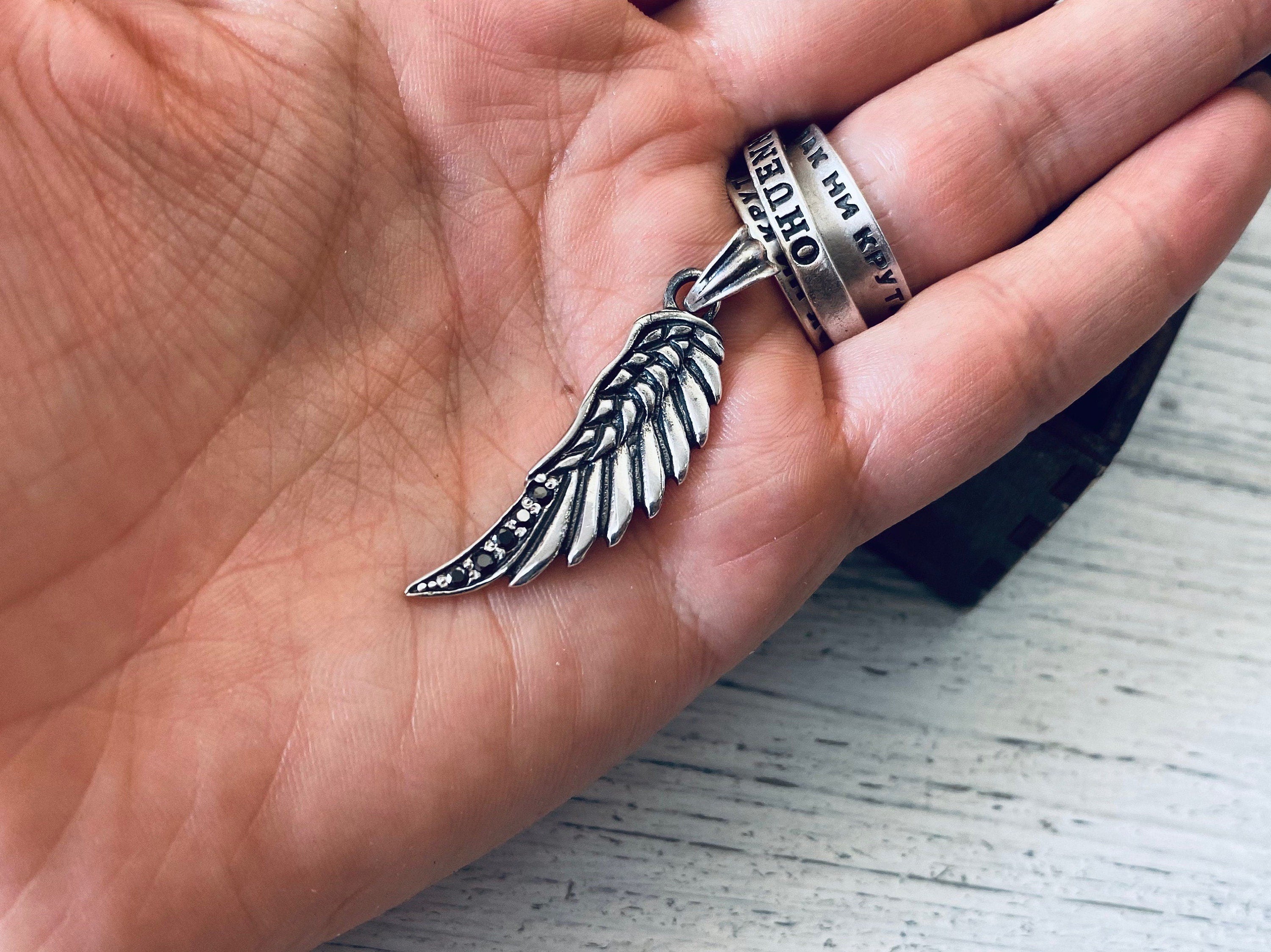 Silver pendant Wing with black gemstones Silver wing Angel wings 925 sterling silver wing charms