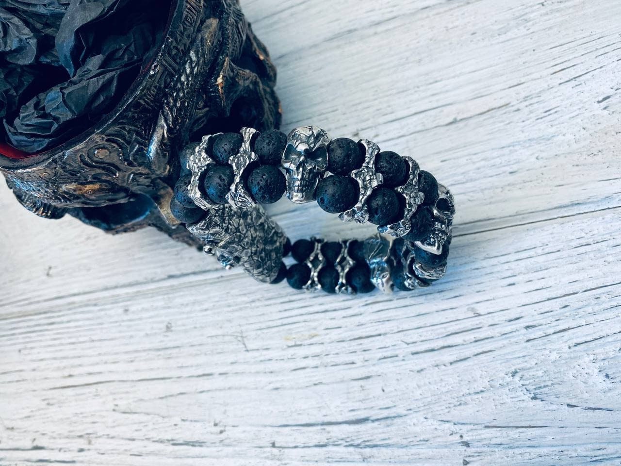 Huge silver bracelet with skull and volcanic lava Skull bracelet Biker jewelry