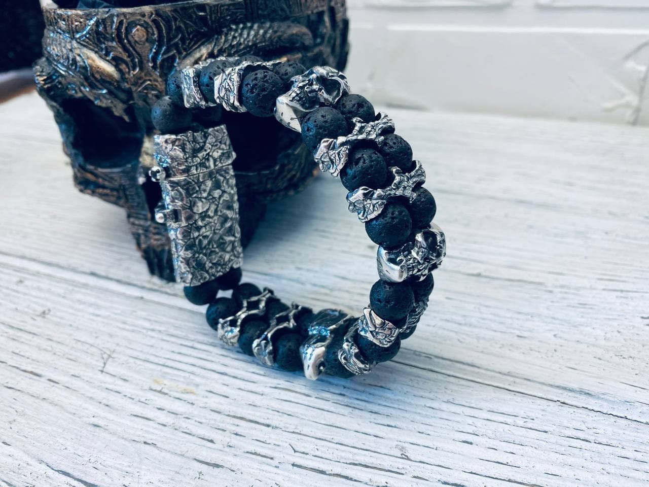 Huge silver bracelet with skull and volcanic lava Skull bracelet Biker jewelry