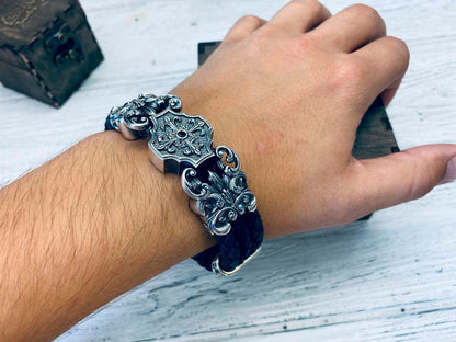 Heavy men silver bracelet  with black leather 25 width Biker jewelry Brutalist men bracelet