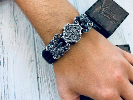 Heavy men silver bracelet  with black leather 25 width Biker jewelry Brutalist men bracelet