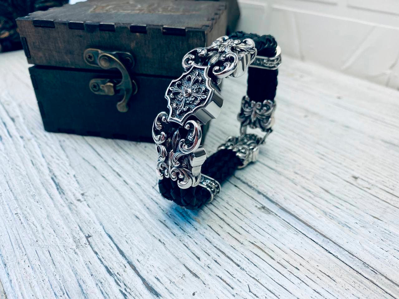 Heavy men silver bracelet  with black leather 22 width Biker jewelry Brutalist men bracelet