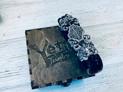 Heavy men silver bracelet  with black leather 22 width Biker jewelry Brutalist men bracelet