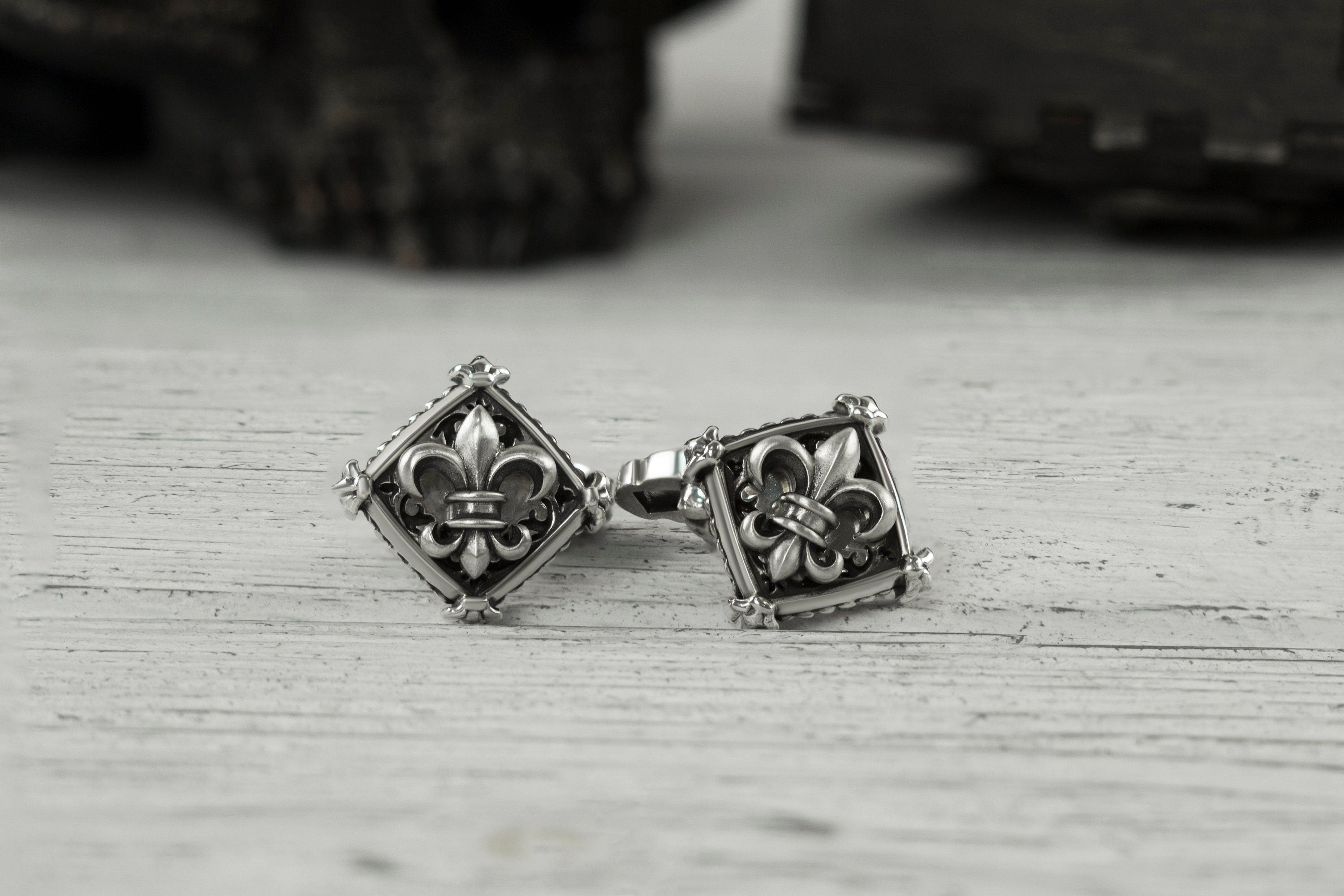 silver cufflinks Fleur de Lis Men's silver accessories Groom accessories