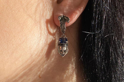 Women's skull earrings Silver skull earrings Skull gift for her Sapphire and black gems